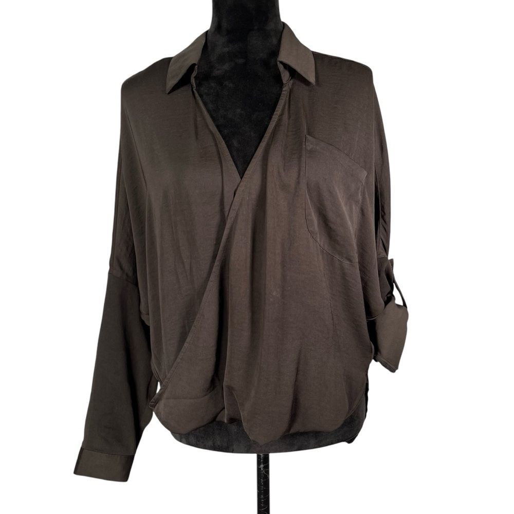 Arden B Black Blouse Silky Crossover High Low Draped Top V-Neck Batwing Shirt